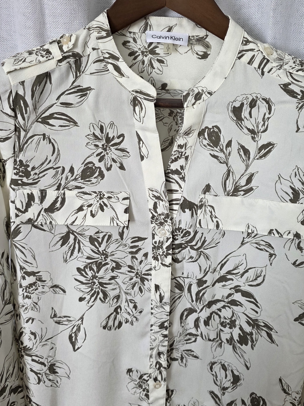 Calvin Klein Cream and Brown Floral Button-Down Blouse - Picture 3 of 5